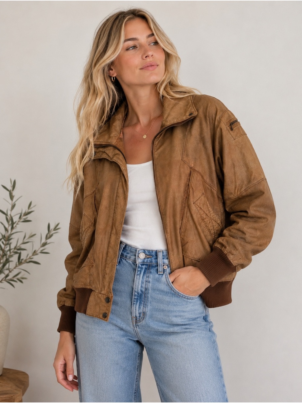 Midnight Oil Vintage Brown 100% Leather Bomber Jacket Patchwork Lined Moto M